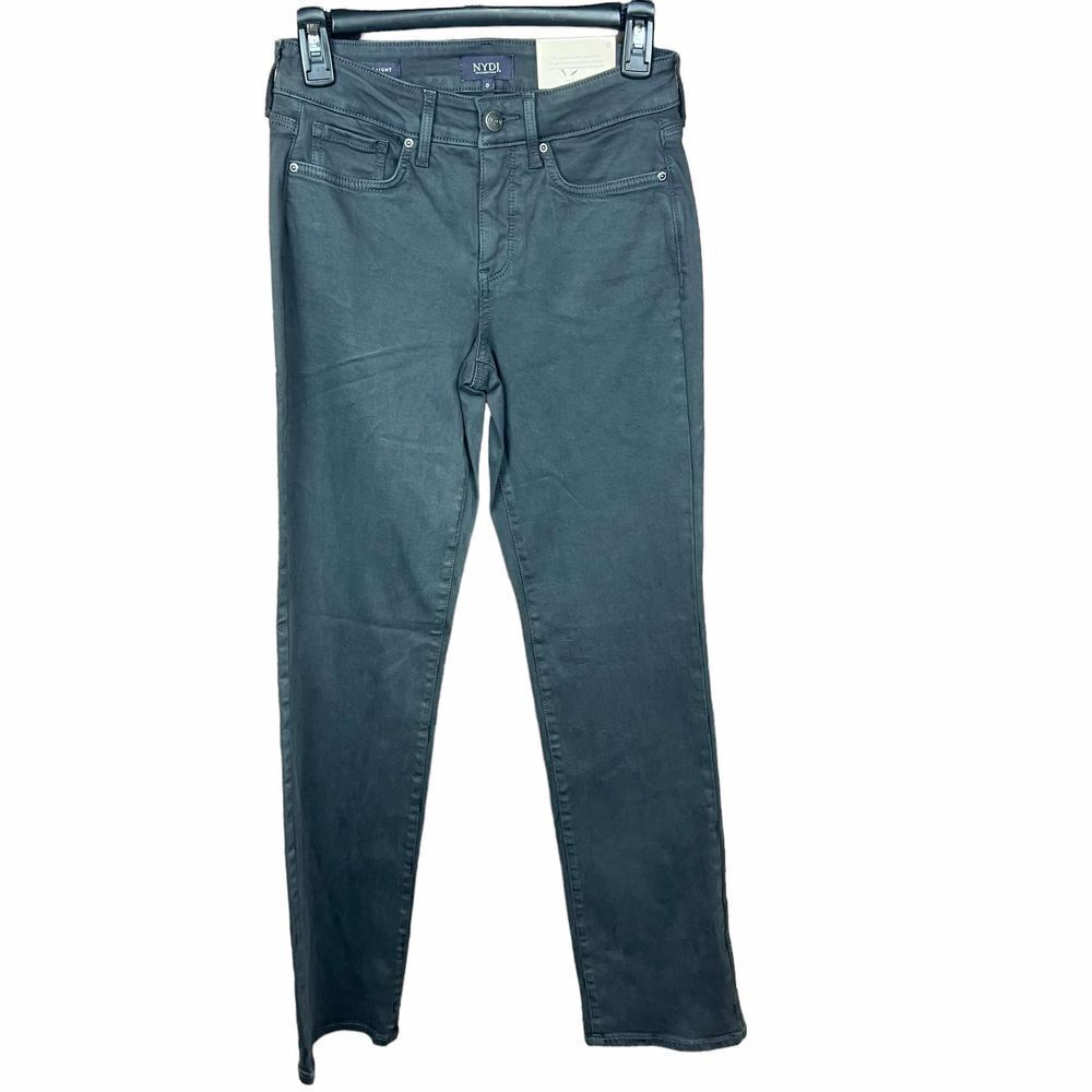 NYDJ Marilyn Straight Grey Zip Fly Button Closure 5 Pocket Lift Tuck Tech Size 0